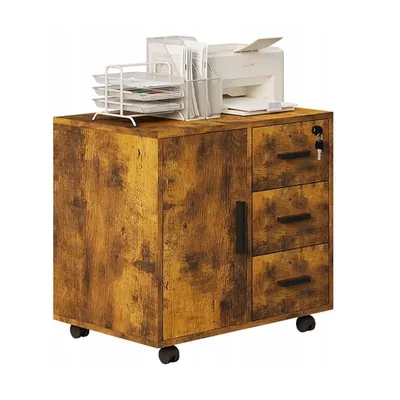 Image de Meuble de bureau à roulettes avec serrure à clé – armoire mobile marron