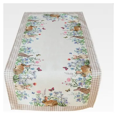 Produktbild von Tischläufer 40 x 90 cm mit Druckmotiv Häschen und Blumen für Ostern und Frühling