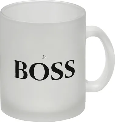 Produktbild von Kaffeebecher Ja, Boss aus satiniertem Glas, 300 ml, 9 cm hoch, mit Büro Motiv