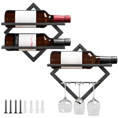 Weinregal Wandmontage 2er-Set für 3 Flaschen + 6 Gläser