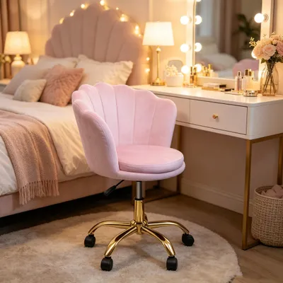 Produktbild von Muschel Schminkstuhl mit Rollen aus Samt, höhenverstellbarer Drehstuhl Schreibtischstuhl bis 150kg belastbar, für Mädchen Schlafzimmer Rosa