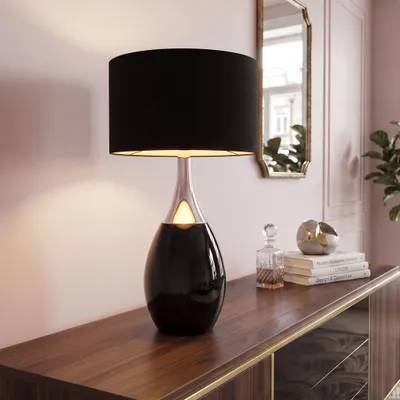 Produktbild von cagü: Tischlampe ANTJA Schwarz-Silber mit Leinenschirm 60cm Höhe