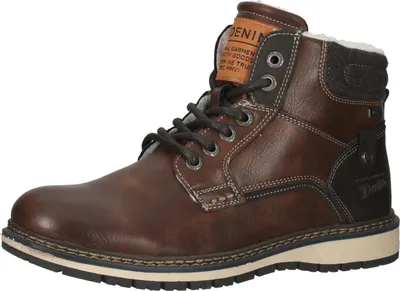 A single brown leather boot is shown against a white background.