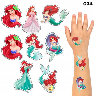 Immagine prodotto di Tatuaggi temporanei per bambini, a tema "Ariel la sirenetta" - confezione da 8 pezzi / 150 disegni