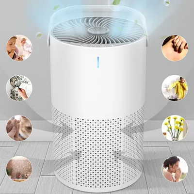 An air purifier is shown in the center, surrounded by circular images illustrating its benefits.