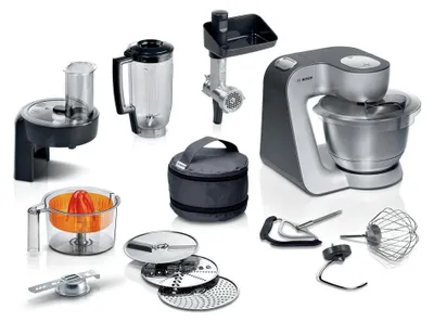 Produktbild von BOSCH Küchenmaschine MUM5935B Durchlaufschnitzler, 3 Scheiben, Mixer, silber, Fleischwolf, Kekspresse, Zitruspresse, 3 Rühr-/Knethaken, spülm.fest