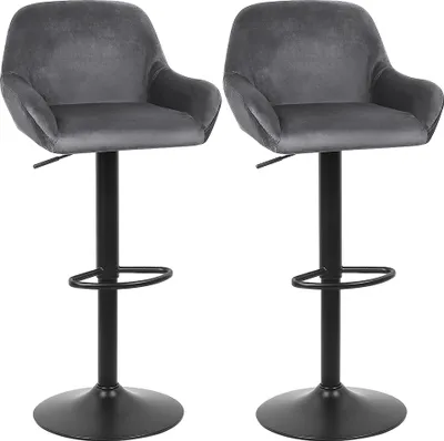 Two dark gray bar stools with black bases and stems are shown against a white background.