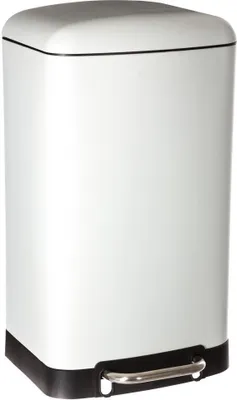 A white metal pedal bin with a black base and a silver pedal.