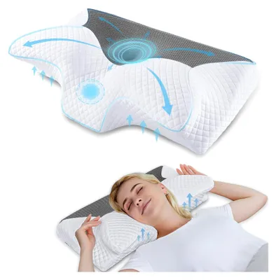 Produktbild von Orthopädisches Nackenstützkissen aus Memory Foam, Ergonomisches Kopfkissen für Seitenschläfer, Rückenschläfer und Bauchschläfer, Waschbarer Bezug, Grau