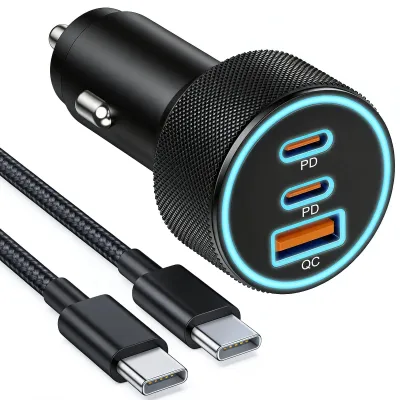 3-Port USB-C Autolader 67 W mit 60 W Kabel, PD QC, 12 V