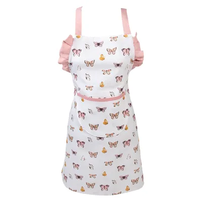 Imagen del producto de Delantal para cocina infantil Clayre & Eef, 48x56 cm, color beige y rosa, algodón, con estampado de mariposas