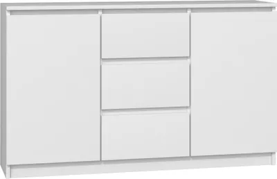 A white sideboard with two doors and three drawers, shown from the front.