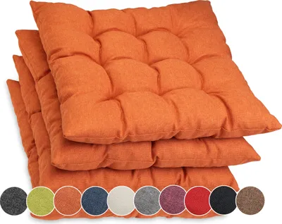 Produktbild von Sunnypillow 4er Set Stuhlkissen mit Bändern 40x40 cm Bequeme Polsterauflage 8cm dick Auflage für Stühle / Bänke in Haus und Garten Sitzkissen Sitzauflage Gartenkissen Outdoor / Indoor | Orange