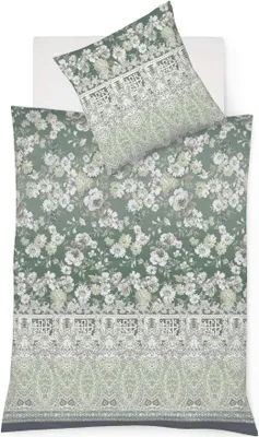 Produktbild von Fleuresse Mako-Satin Bettwäsche 155x220 Ornamente Blumen grün grau 113804-5