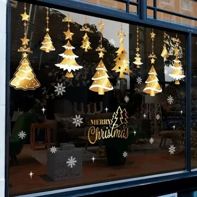 Produktbild von GKA XXL Fensterbild goldene Weihnachtsgirlande Tannenbaum für Fenster Türen GK4 Weihnachten Advent Weihnachtsdekoration Tannenbaum 100 cm