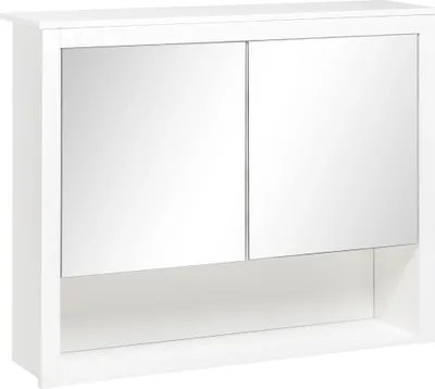 Image de Armoire murale avec miroir - Armoire de salle de bain - 2 portes - Compartiment ouvert en verre - 80×20×65 cm - MDF/Mélamine/Verre - Blanc