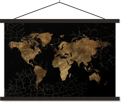 Produktbild von MuchoWow® Textilposter Weltkarte - Marmor - Gold 90x60 cm mit schwarzem Rahmen - Aufhängungssatz