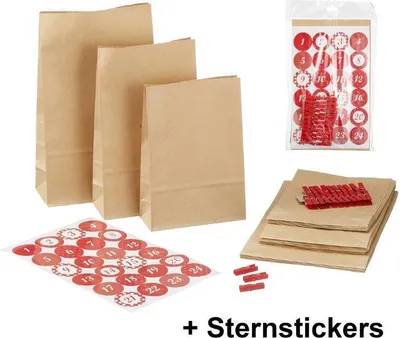 Produktbild von DIY Adventskalender zum Befüllen 72-teilig + 134 Sterne Sticker - Papiertüten Weihnachten Geschenktüten weihnachtlich