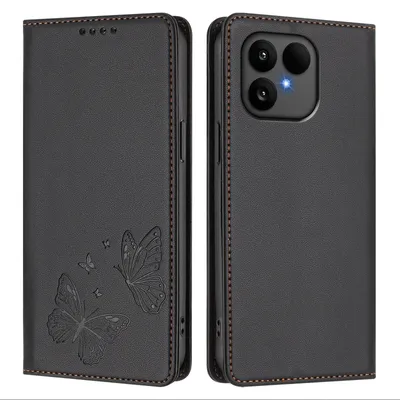 Obrázek produktu pro Kožené pouzdro pro Fairphone 6, motýlí ražbou, peněženkové flip pouzdro se stojánkem Černá