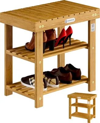 Image de Casaria® 2en1 Meuble à chaussures avec Banc en bois d'acacia dur robuste étagère à chaussures 2 tablettes rangement armoire