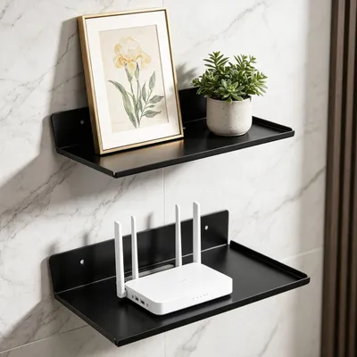 Obrázok produktu pre Omgoods – Súprava 2 čiernych nástenných políc, bez potreby vŕtania, rozmer 23 x 15 cm