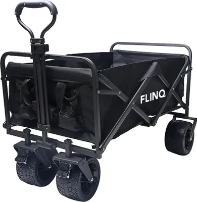 Produktbild von FlinQ Bollerwagen bis 130 kg – faltbar – Strandwagen mit Schiebestange – 100 L Volumen – drehbare Räder – Schwarz