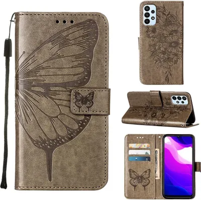Produktbild von Galaxy A23 4G Hülle, Schmetterling Prägung Flip Leder Kartenfächer Schutzhülle Ledertasche mit Ständer für Samsung Galaxy A23 4G / 5G Grau