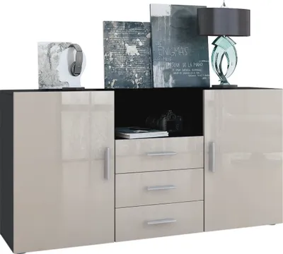 Produktbild von Vladon Sideboard Skadu, Kommode mit 2 Türen, 3 Schubladen und 1 offenem Fach, Schwarz matt/Sandgrau Hochglanz (138,5 x 71,5 x 35 cm)