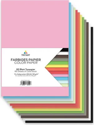 Image de Tritart Papier de bricolage A4 multicolore 130g/m² - 120 feuilles de papier coloré A4 pour le bricolage - Set de papier de bricolage - Solide et stable - Papier de bricolage à dessin en terre cuite - -