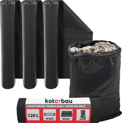 Zdjęcie produktu dla KOTARBAU® Zestaw 3 wytrzymalych worków na smieci 120 L 60µm LDPE worki na gruz bardzo wytrzymale duze worki na smieci bardzo wytrzymale 120 litrowe worki na smieci duze wytrzymale worki na gruz