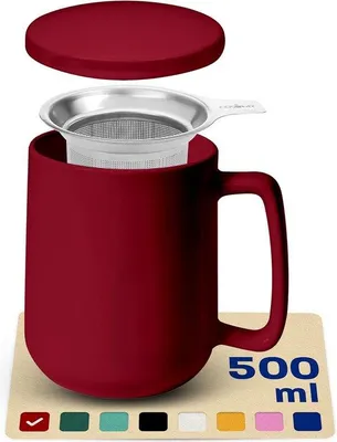 Productafbeelding van Famanu theekop met zeef en deksel - Keramiek, rood - Houdt de thee lang warm - 500 ml, extra groot - Geschikt voor de vaatwasser