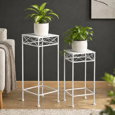 Image de DanDiBo Tabouret pour fleurs Blanc Métal Angulaire Support pour fleurs 96314 Lot de 2 tables d'appoint Colonne pour fleurs Moderne Support pour plantes Tabouret pour plantes