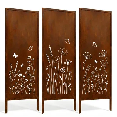 Obrázok produktu pre Rustikálna záhradná ohrádka z kovu, vzhľad Corten, BUTTERFLY MEADOW (3 kusy), panel 160x50 cm, laserom vyrezaný, ochranná sieťka do exteriéru, Obrázok generovaný UI