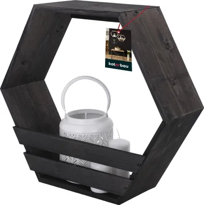 Produktbild von KOTARBAU® Hexagon Wandregal Schwarz 14x47x41 cm Hexagon Regal Holz mit Ablage Blumenregal Wandregal Hexagon Holz