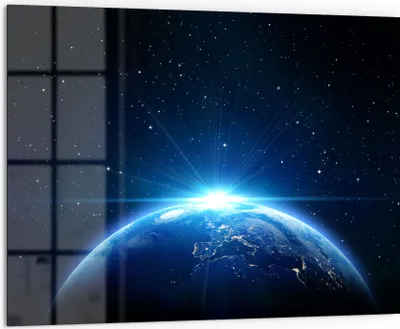 Produktbild von DEQORI Küchenrückwand Glas 80x60 cm 'Sonnenaufgang im All' Spritzschutz Bad Rückwand