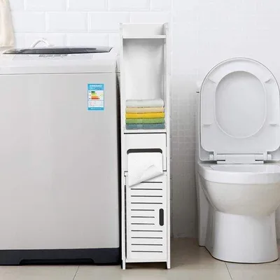 Image de Meuble de salle de bain en bois avec porte coulissante, multifonctionnel, blanc, 80 x 155 x 15 cm