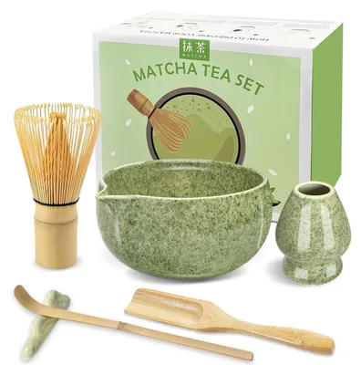 Produktbild von Matcha Set 6-teilig mit Bambus Besen und Halter, Keramik Schale mit Auslauf, Teelöffel, Grün