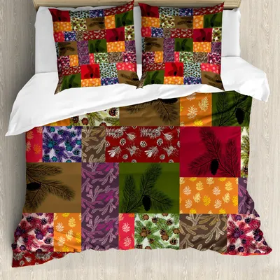 Obrázok produktu pre ABAKUHAUS Botanická sada obliečok, farebné borovicové vetvičky s kukuricou v štýle patchwork, 155 x 220 cm + 80 x 80 cm, viacfarebná
