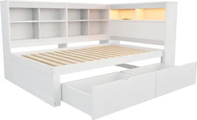 Obrázek produktu pro okwish Daybed 90x200cm, Rozkládací postel, Multifunkční jednolůžková postel s USB a zásuvkami a regály, bez matrace, Bílá