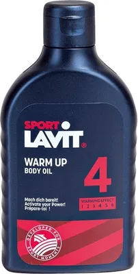 A dark blue bottle of Sport Lavit Warm-up Body Oil against a white background.