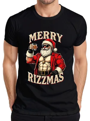 Zdjęcie produktu dla Koszulka męska MERRY RIZZMAS Father Christmas Whisky Muscle Fitness Funny Retro, czarny, M
