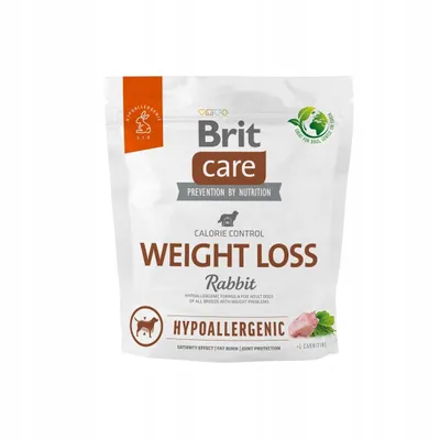 A bag of Brit Care dog food for weight loss, featuring rabbit as an ingredient.
