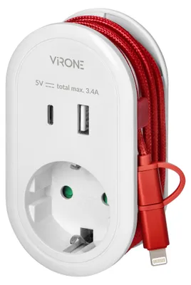 Immagine prodotto di Adattatore di presa con 2 x USB di tipo A + tipo C, cavo di ricarica tipo C +