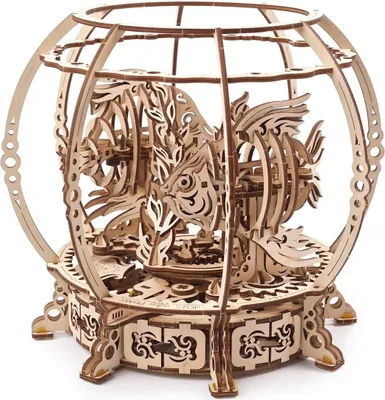 A 3D wooden puzzle of a mechanical aquarium with fish.