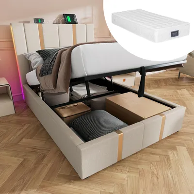 Immagine prodotto di Letto imbottito con porta USB di tipo C, controllo tramite app, illuminazione LED, letto singolo 90x200, contenitore integrato, struttura del letto, rete a doghe in legno