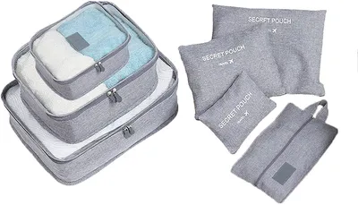 Produktbild von Packtaschen Packbeutel Kleidertaschen, 7 Teilige Koffer Organizer Packing Cubes Packwürfel Aufbewahrungsbeutel mit Schuhbeutel für Urlaub und Reisen Grau
