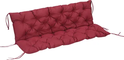 A red tufted bench cushion on a white background.