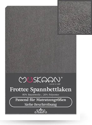 Produktbild von Müskaan Spannbettlaken Frottee grau 180x200-200x220 cm 40cm Steghöhe Boxspringbett 80% Baumwolle 20% Polyester Rundumgummizug hautsympathisch strapazierfähig 160 g/m²