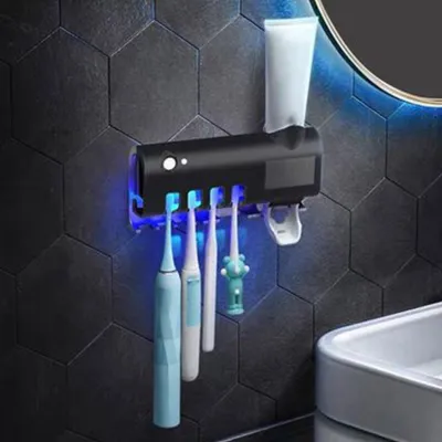 Obrázek produktu pro UV držák zubních kartáčků s baterií 1200mAh Smart Induction Wall Mount Toothbrush Rack USB Charging Black