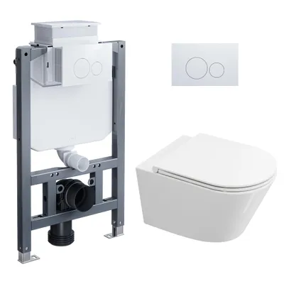 Produktbild von HOROW Komplett WC Toilette Set - 82cm Vorwandelement Unterputzspülkasten + Wand WC + weiß round Drückplatte